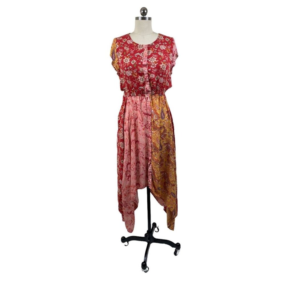 Rocks & Indigo Dress Womens Medium Yellow Red Floral Short Sleeve Boho Cottage